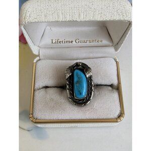 Vintage 60's Navajo Blue Turquoise Ring With Leaves Sterling Size 5.5